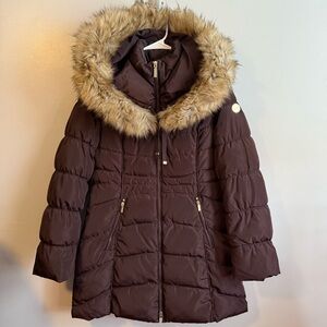 Laundry By Shelli Segal Burgundy Puffer Coat with Faux Fur Trim